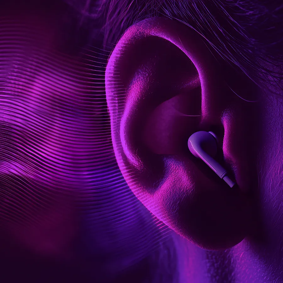 Human ear with colorful sound frequency spectrum