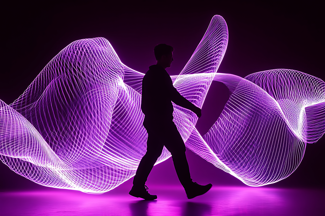 Man walking in dark room with light painting