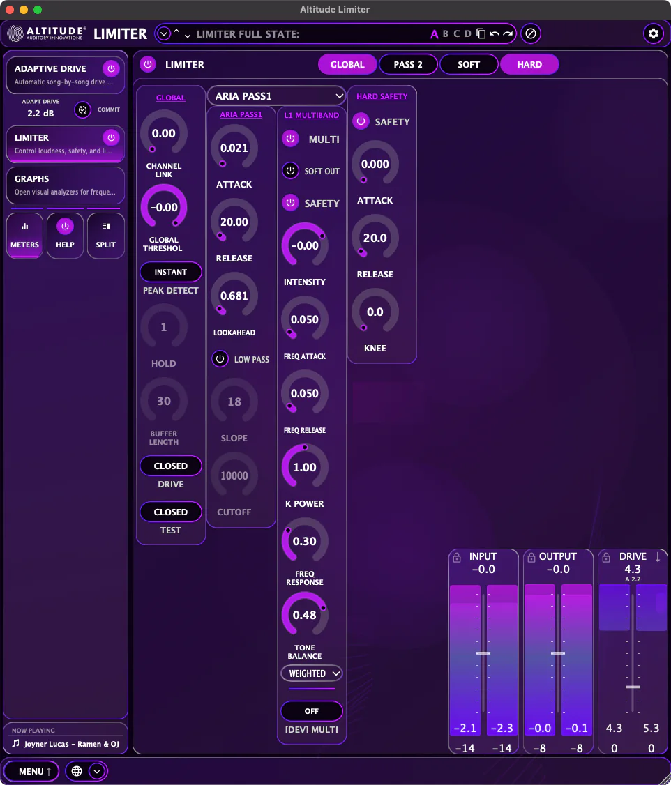 Altitude Limiter — four-band multiband limiting with tone balance and reconstruction controls