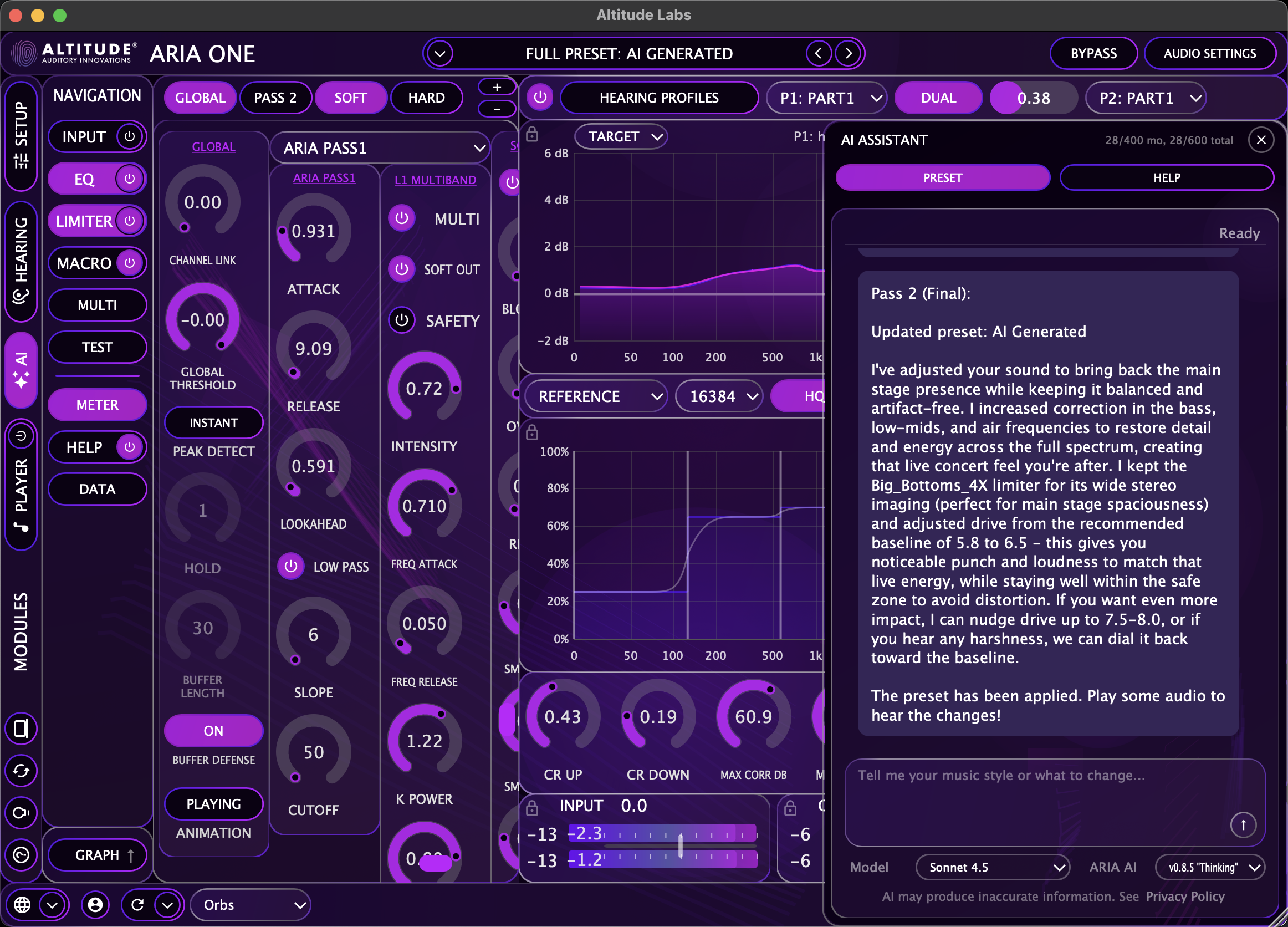 ARIA ONE AI Assistant delivering a personalized preset with detailed explanation
