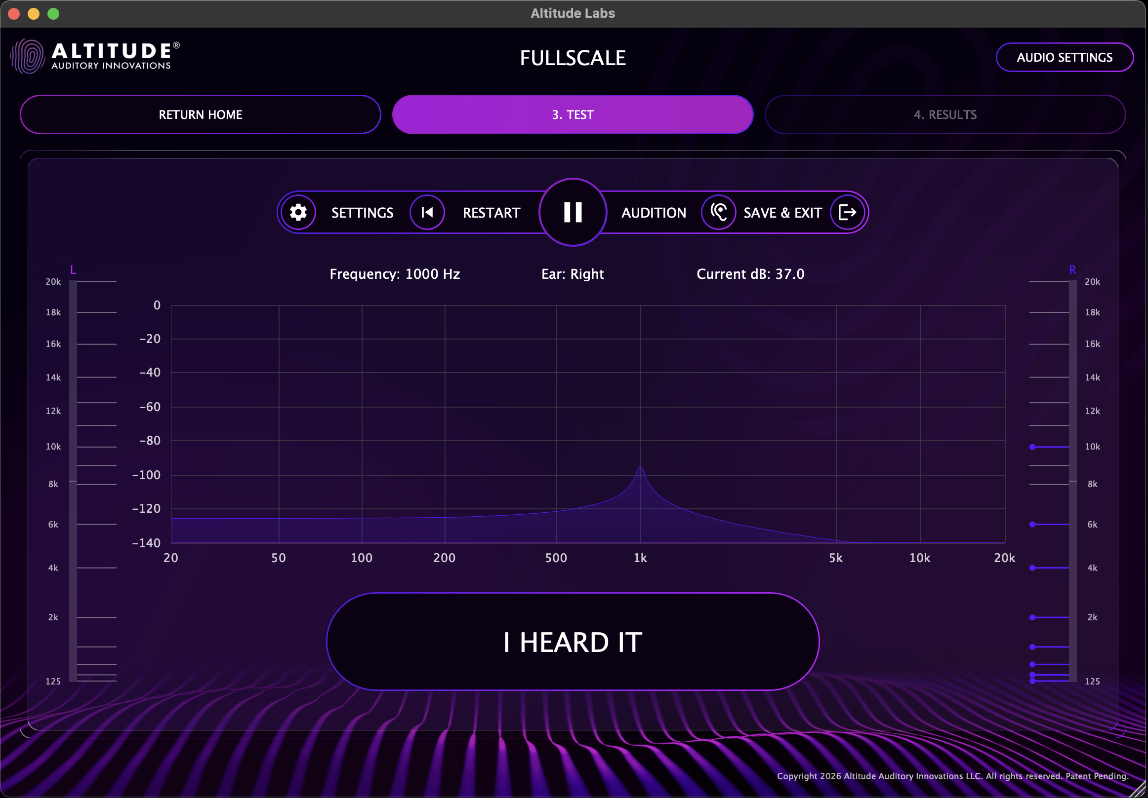 FullScale hearing test in progress — frequency detection at 1000 Hz