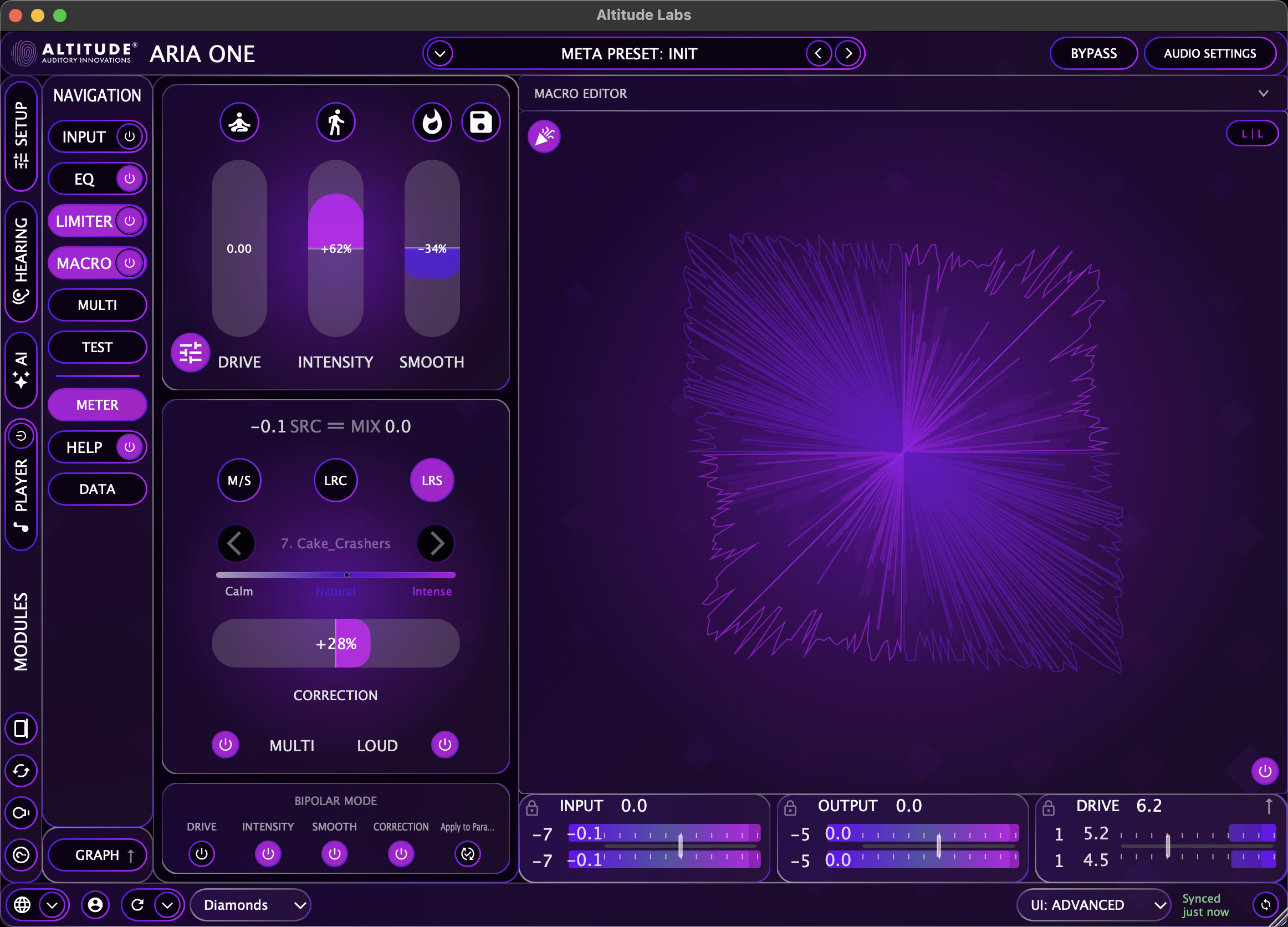 ARIA ONE Macro Editor — DSP controls, diamonds visualization, metering