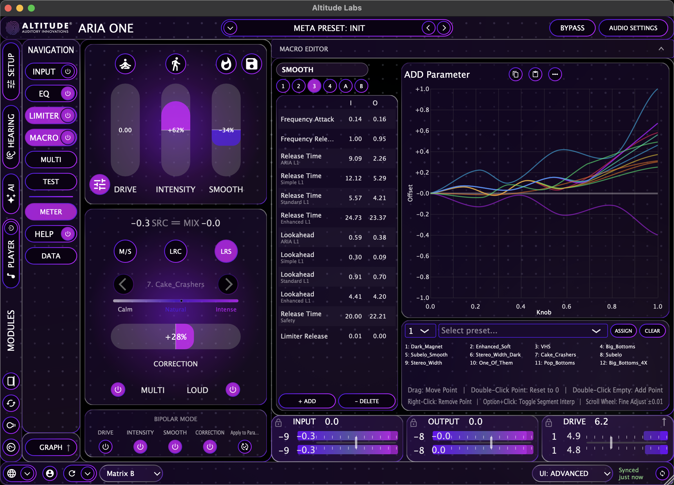 ARIA ONE macro panel with spline curves and parameter controls