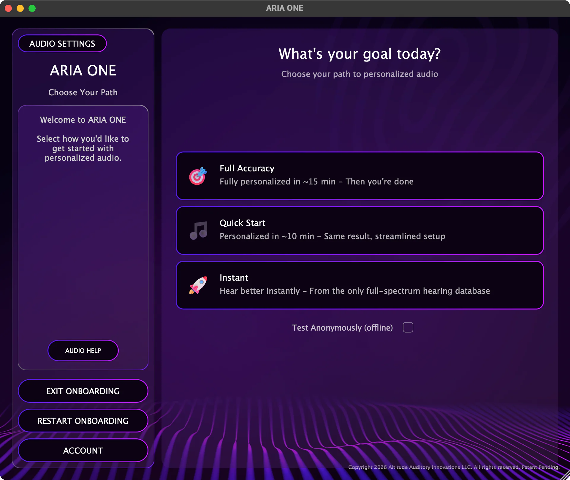 ARIA ONE onboarding — choose your path to personalized audio