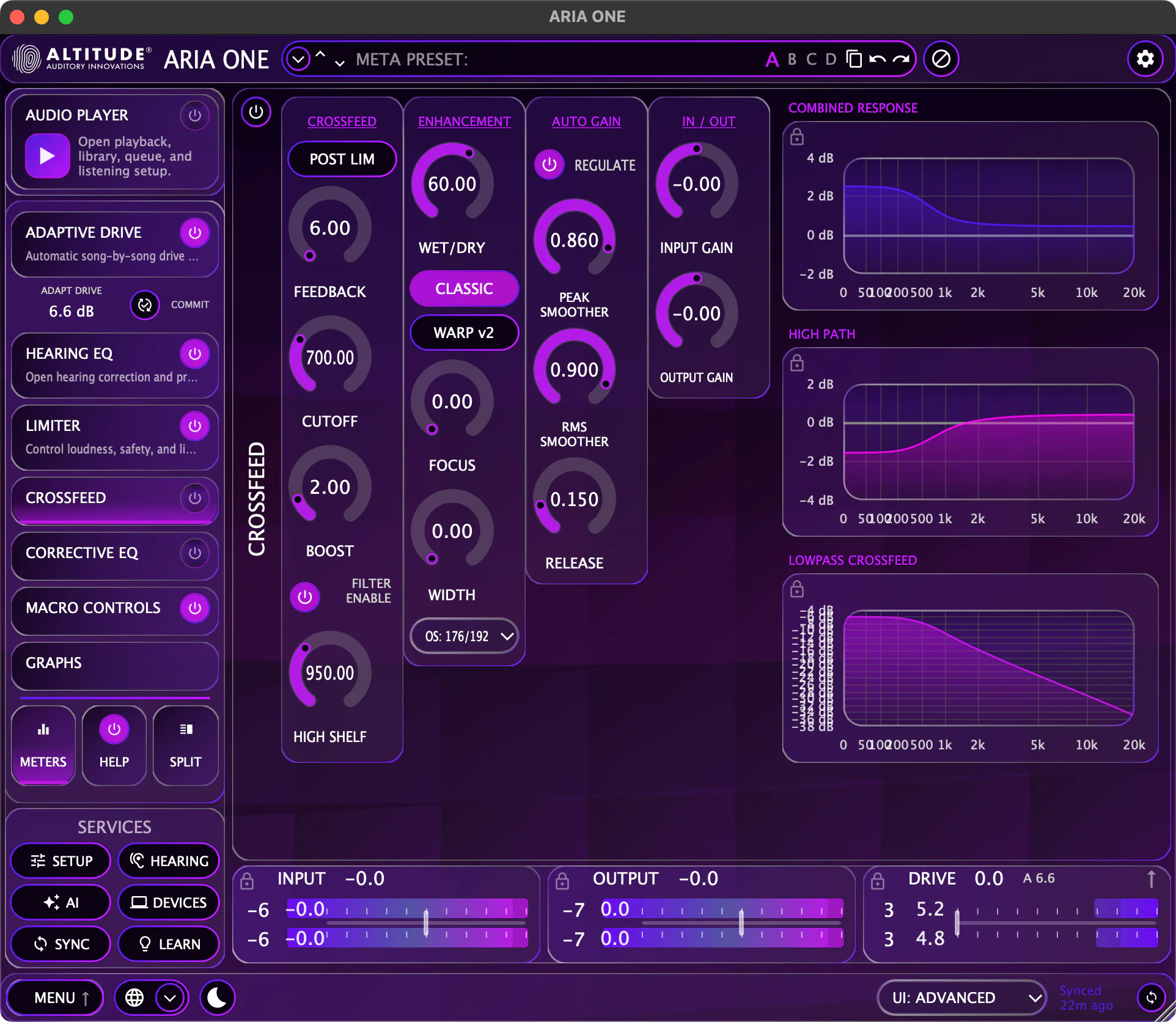 ARIA ONE Crossfeed — stereo imaging and headphone crossfeed controls
