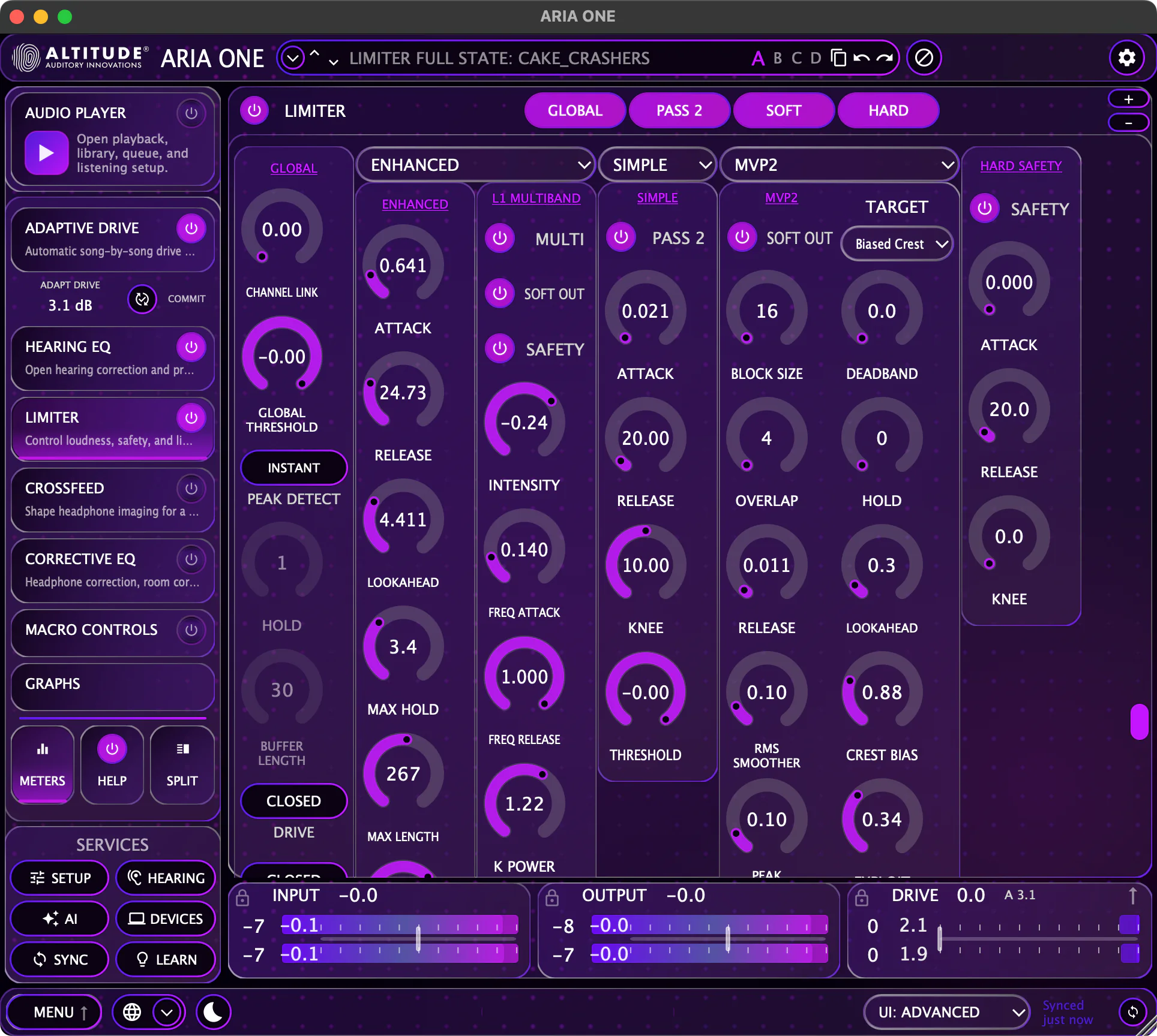 ARIA ONE Advanced View — dual-pass lookahead limiter with waveform and gain reduction metering