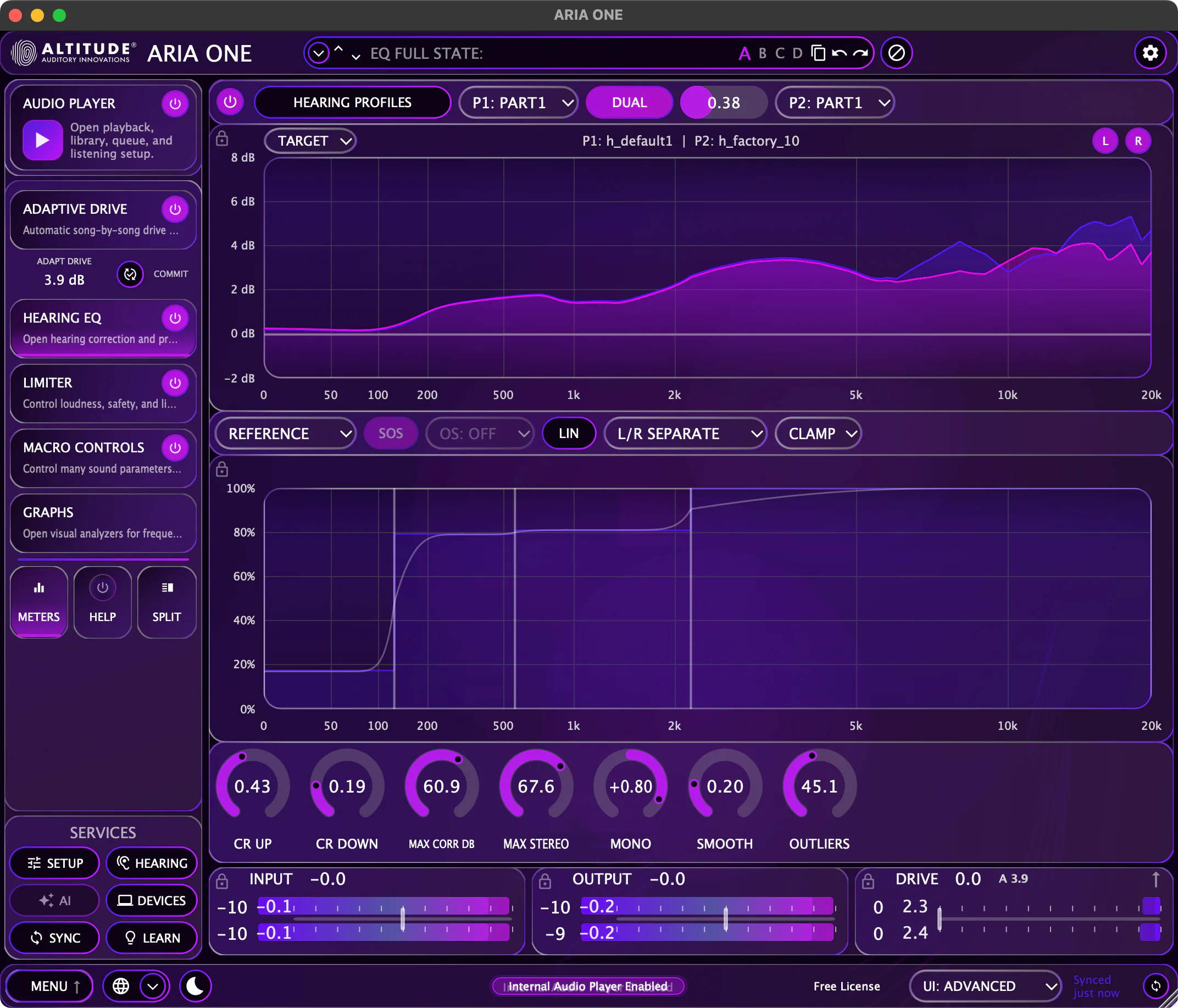 ARIA ONE hearing EQ showing dual hearing profiles and correction curves on a free license