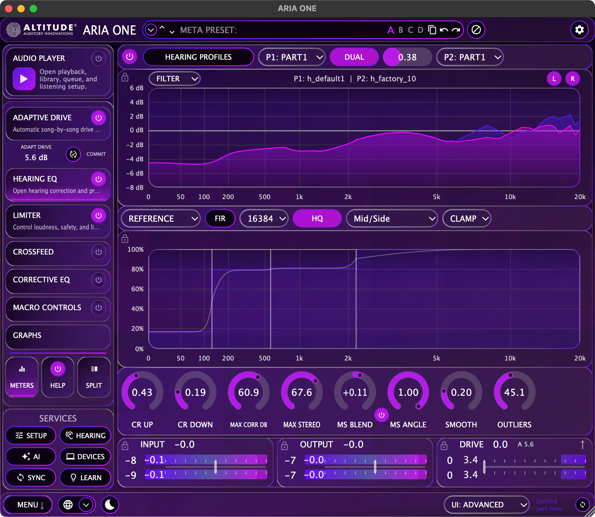 ARIA ONE hearing EQ with active audio metering
