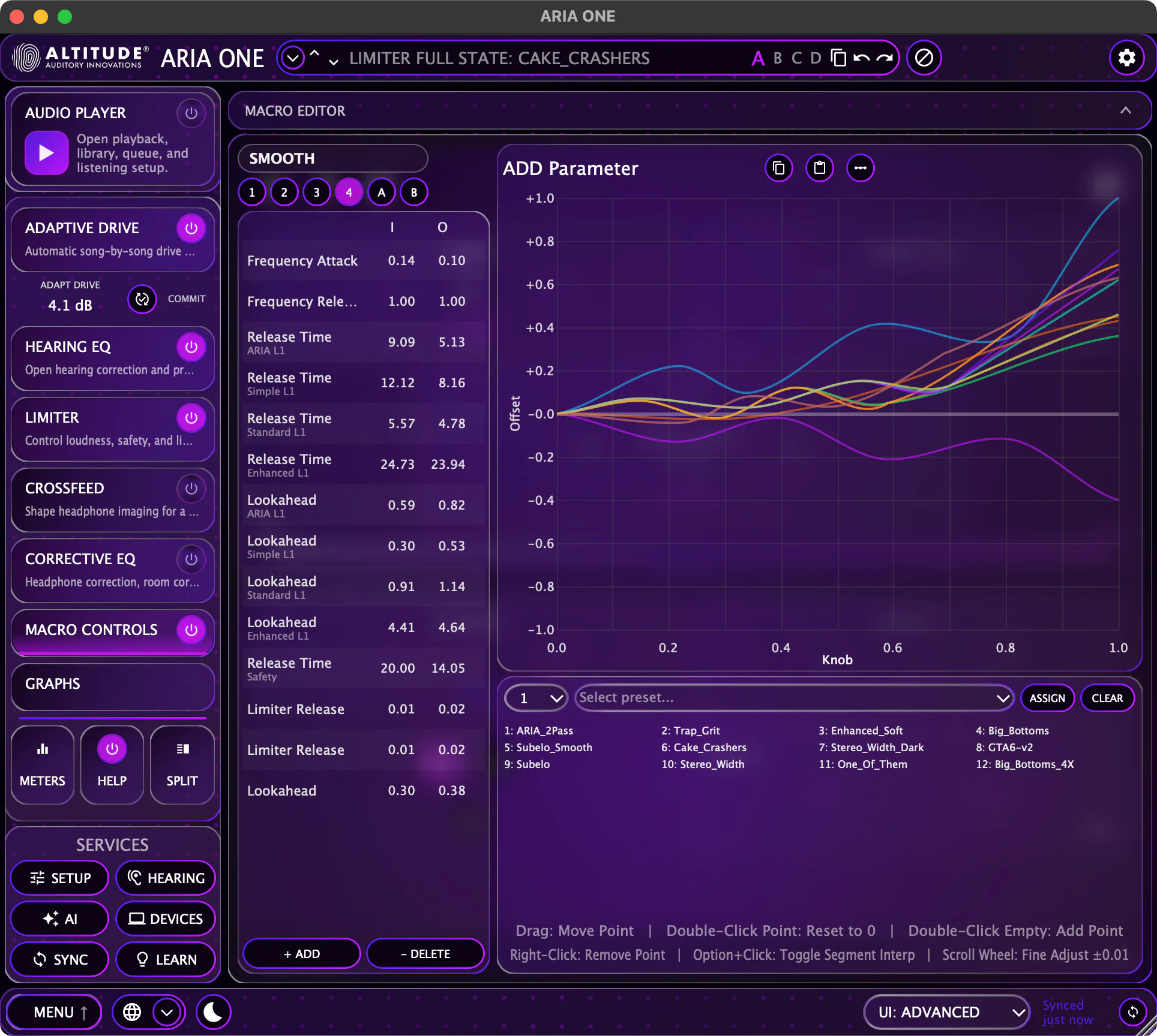 ARIA ONE macro panel with spline curves and parameter controls