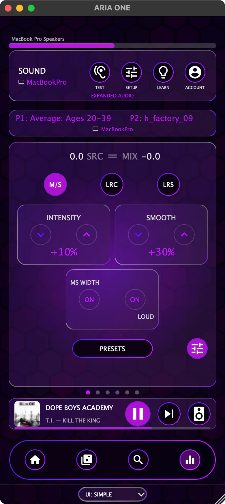 ARIA ONE Simple View — DSP controls expanded on mobile layout