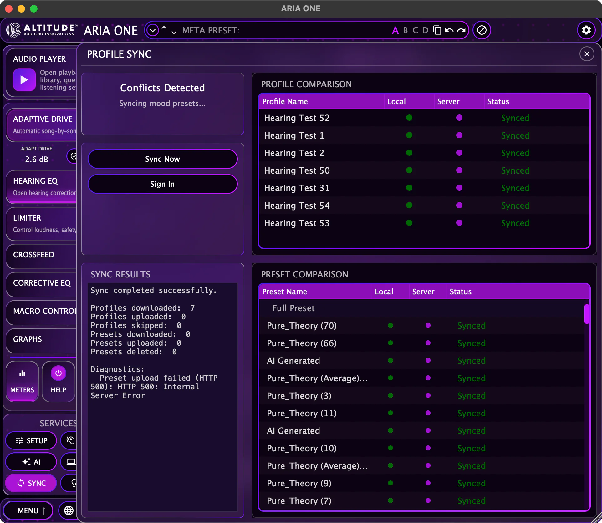 ARIA ONE profile sync showing hearing test and preset comparison