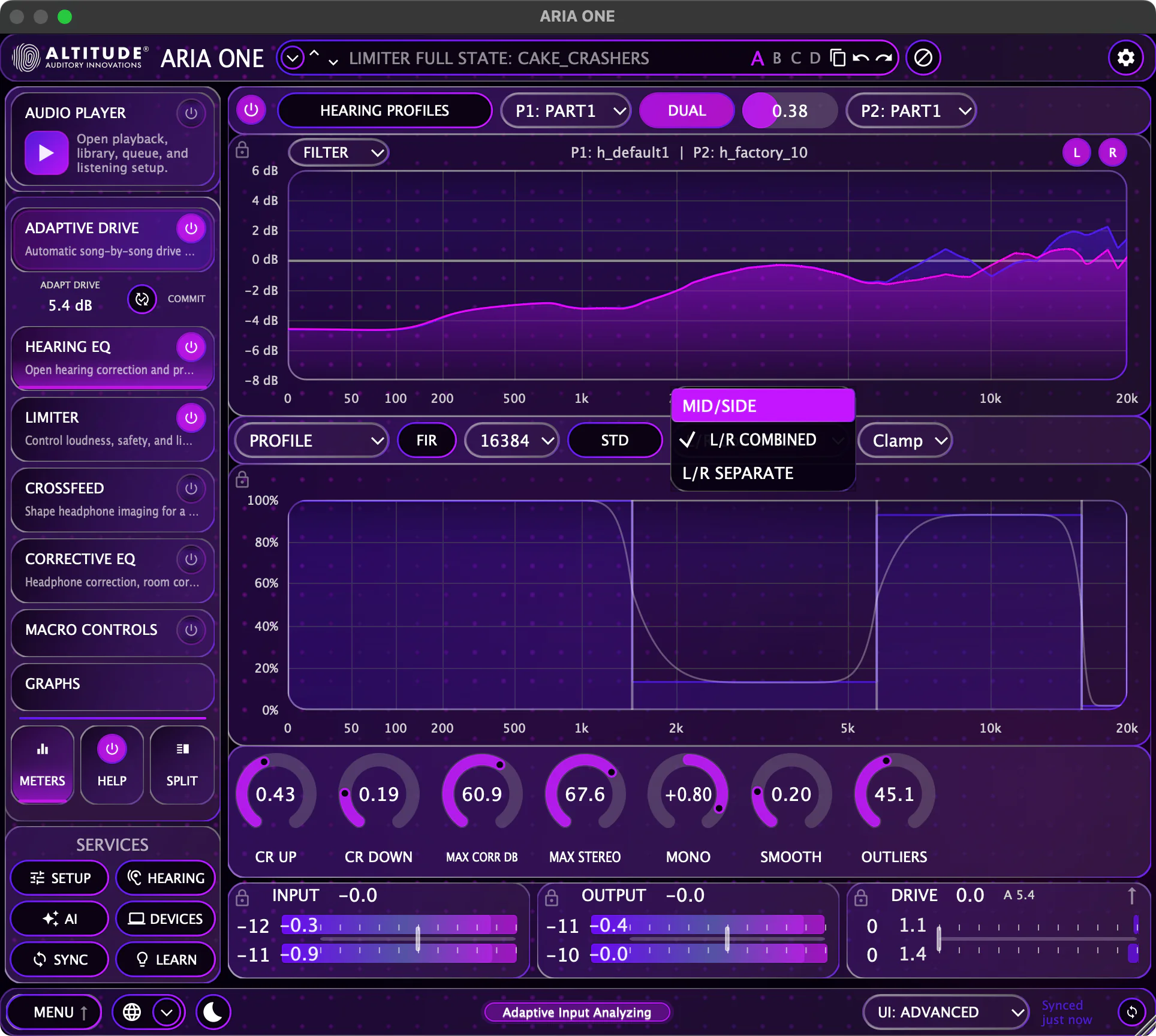 ARIA ONE Advanced View — full interface with EQ, limiter, and metering