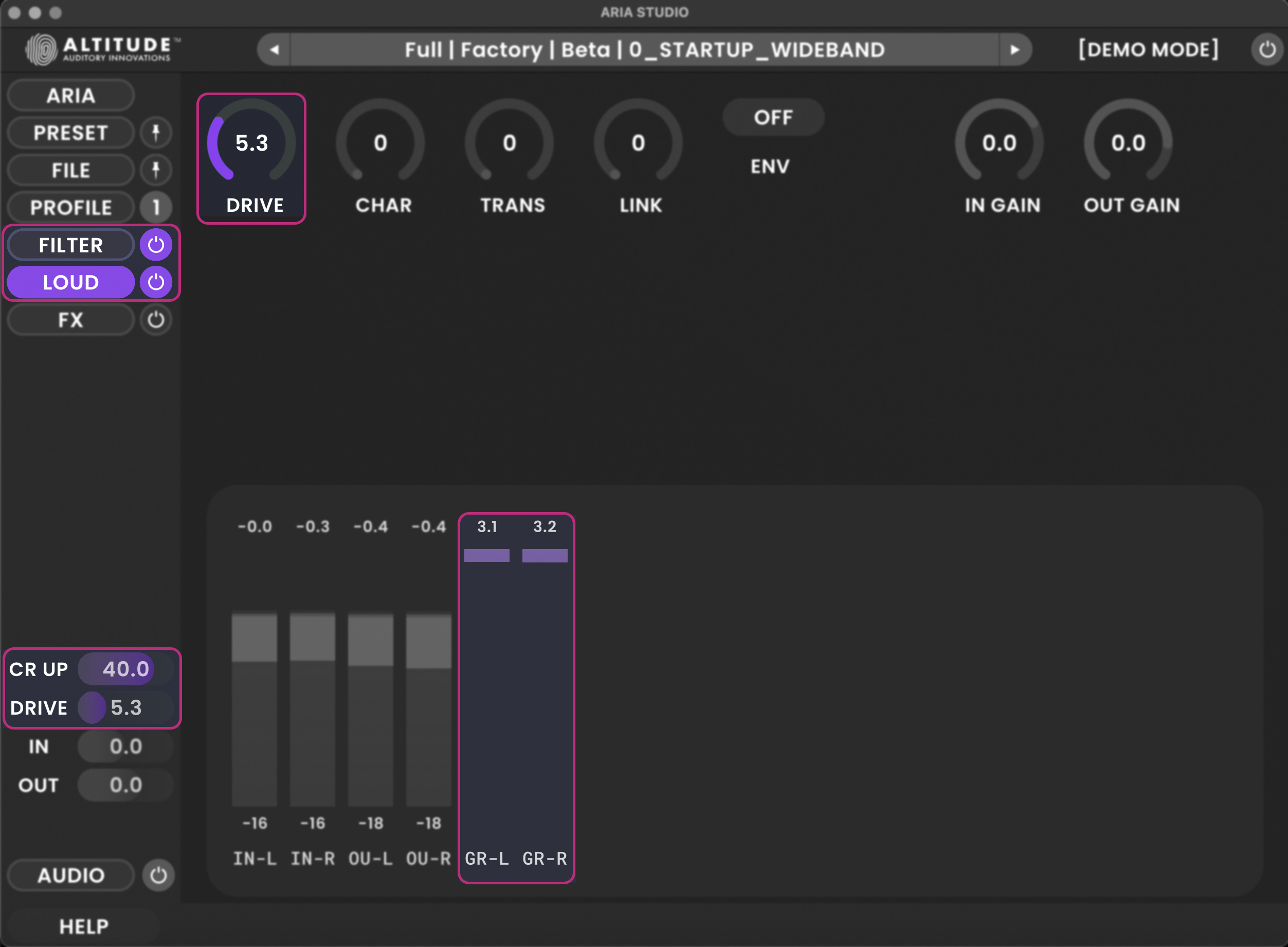 ARIA Studio DRIVE control parameter