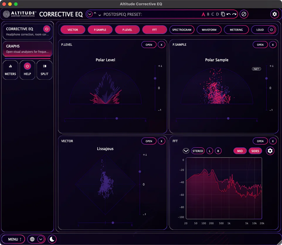 Corrective EQ analyzer with polar level, polar sample, vectorscope, and FFT graphs