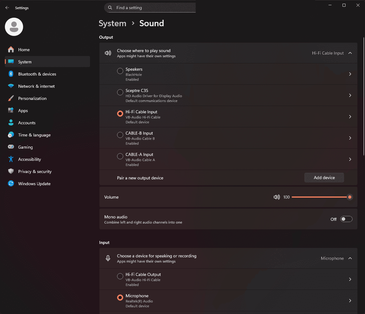 Windows system output