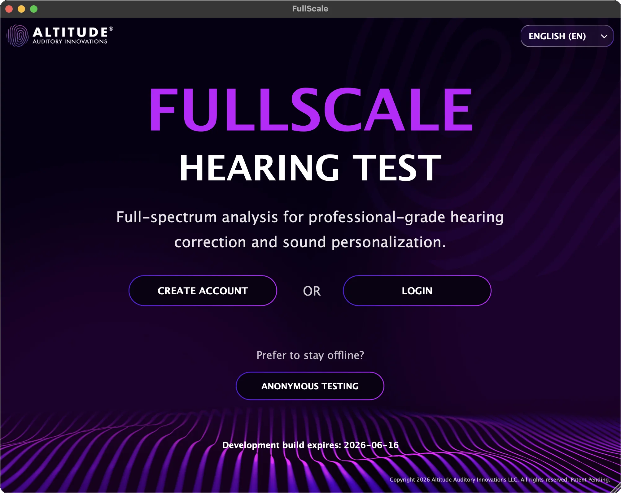 FullScale Hearing Test landing screen showing Anonymous Testing button