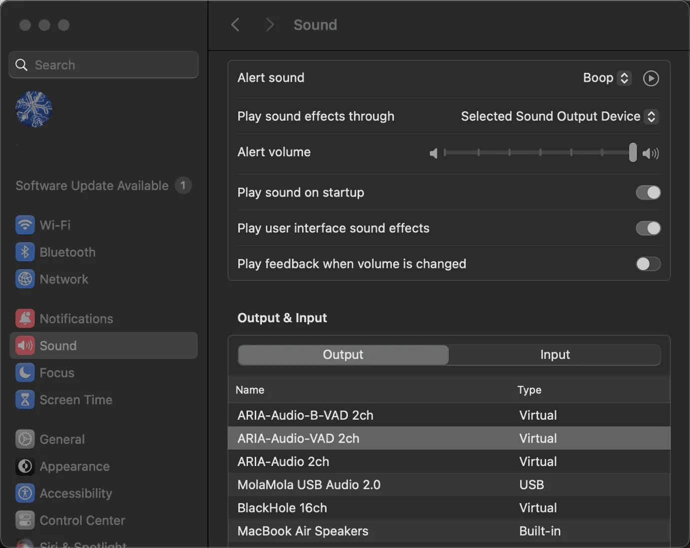 macOS sound output device list with a virtual audio device selected