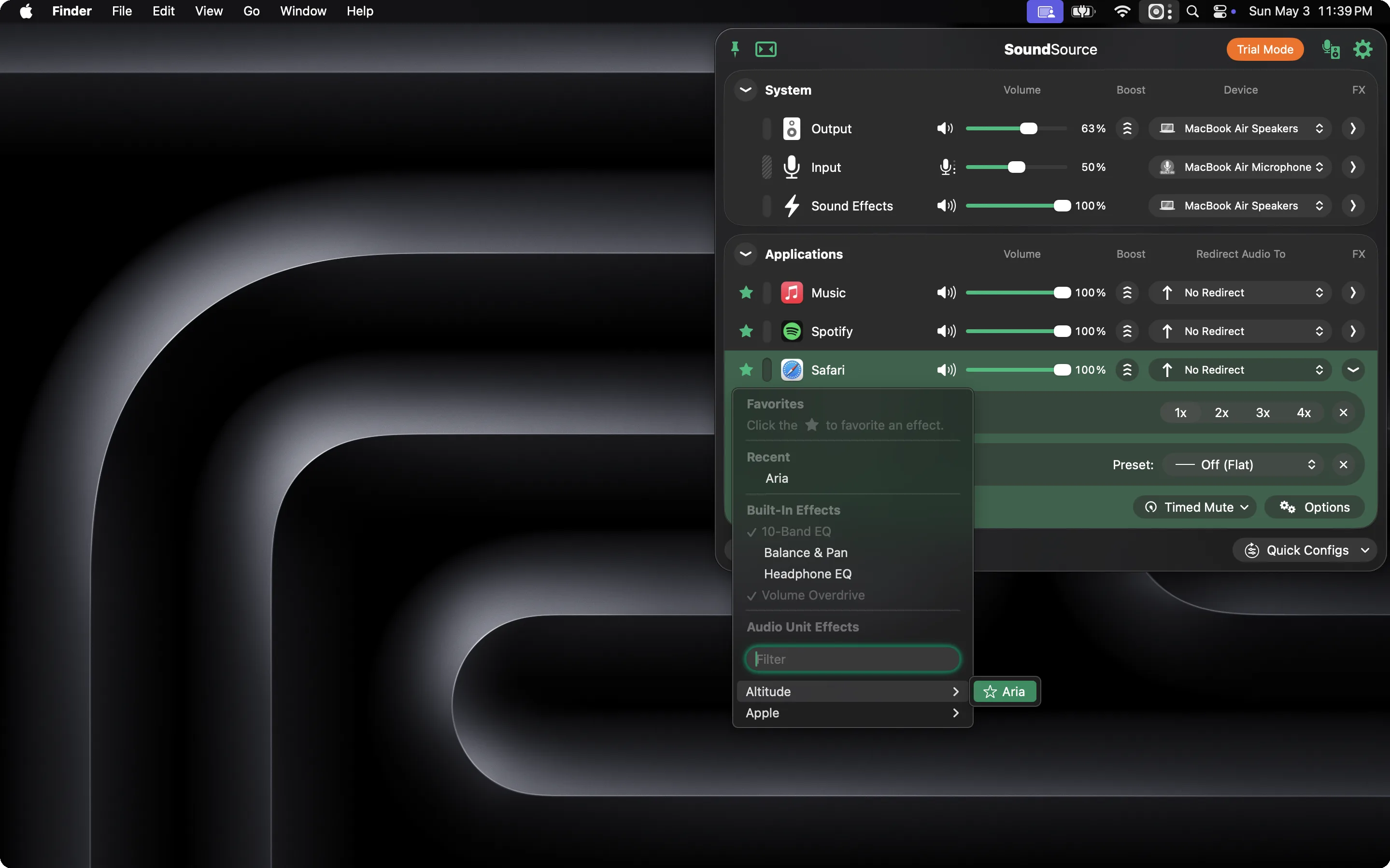 SoundSource output section with Effects column and ARIA Studio selected as an Audio Unit