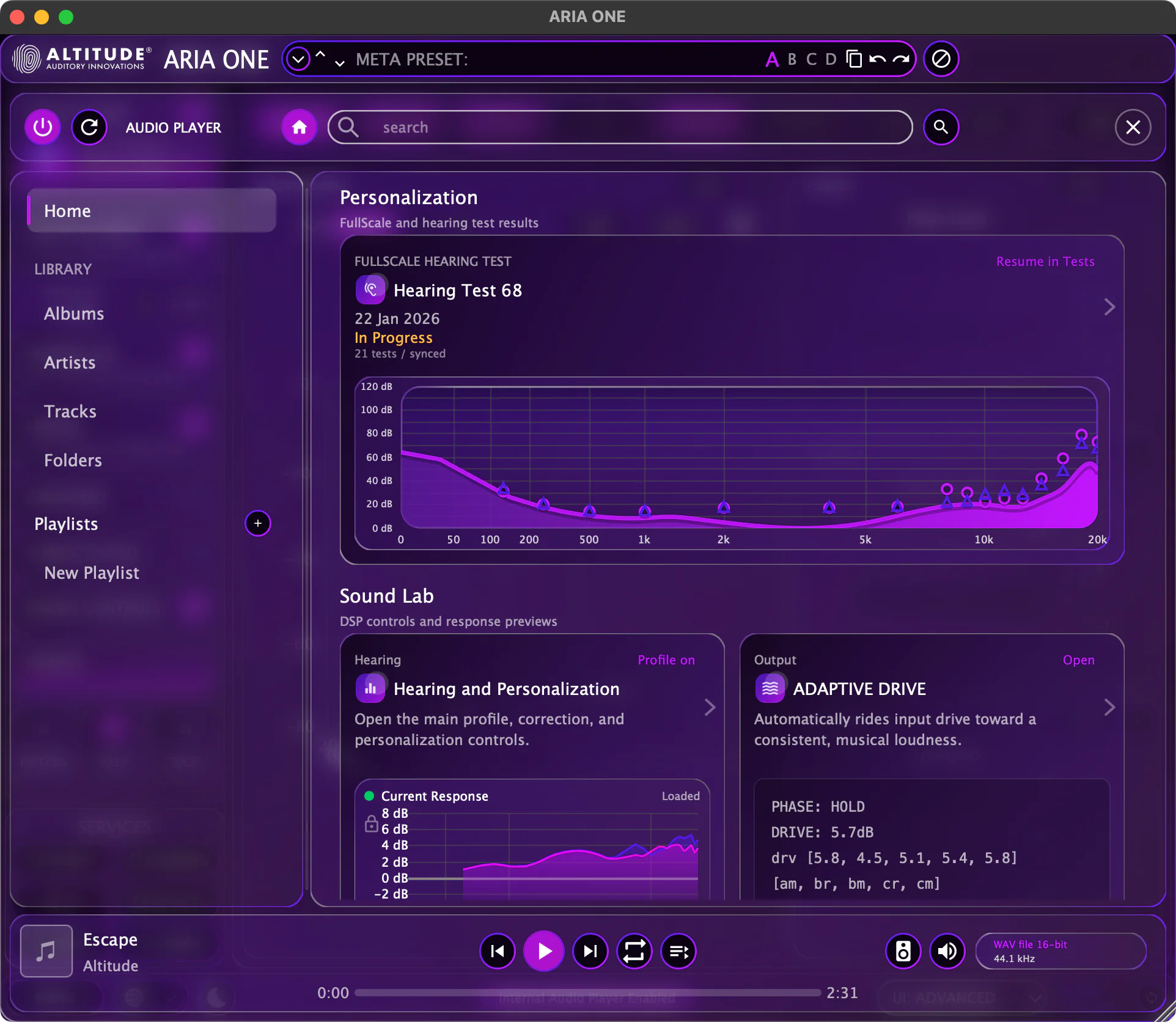 ARIA ONE Macro Editor — DSP controls, diamonds visualization, metering