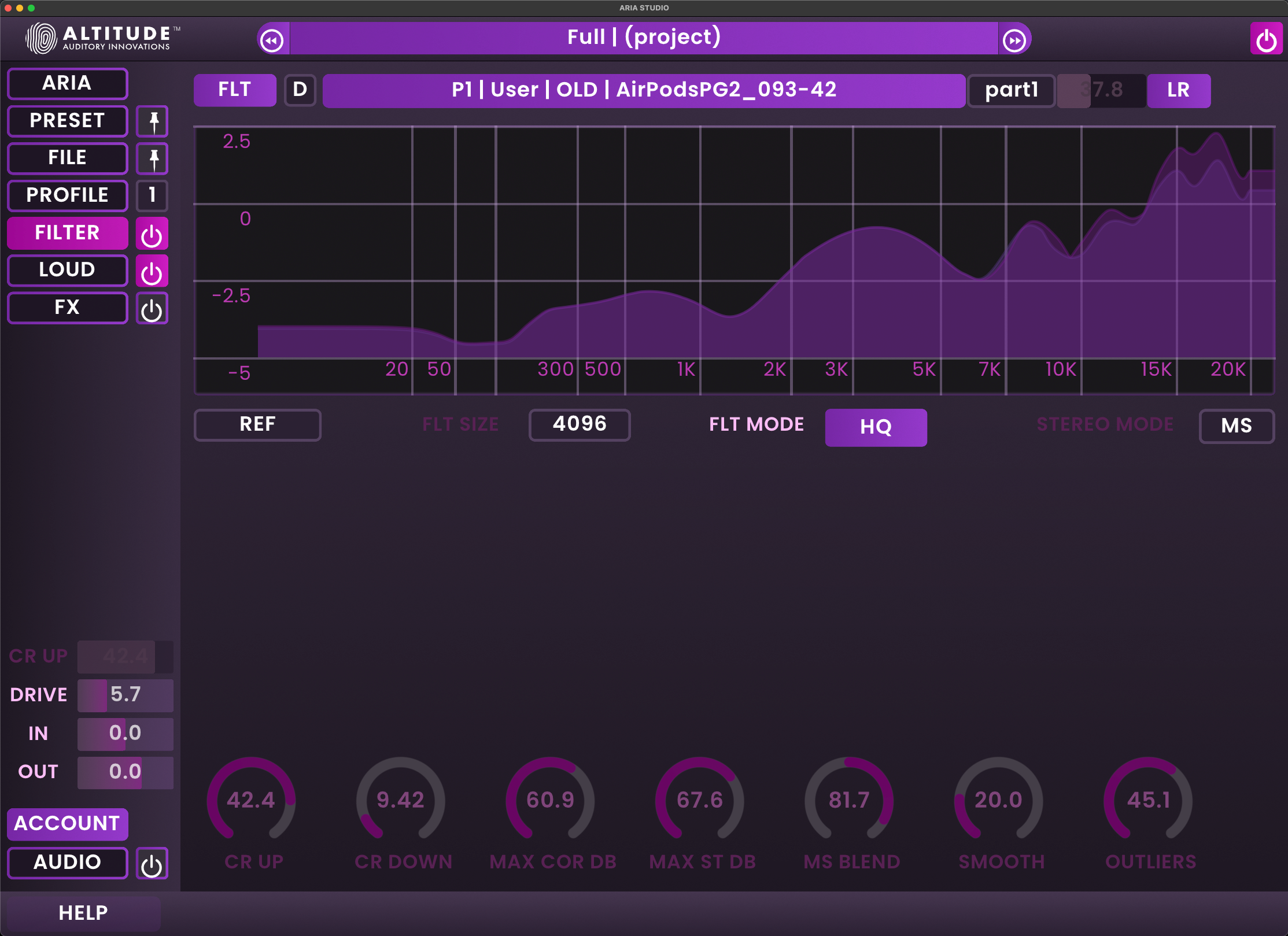 ARIA Studio interface showing filter settings and base parameters