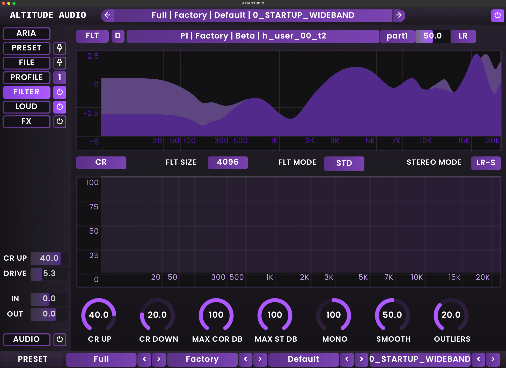 ARIA Studio interface showing low-frequency adjustment controls