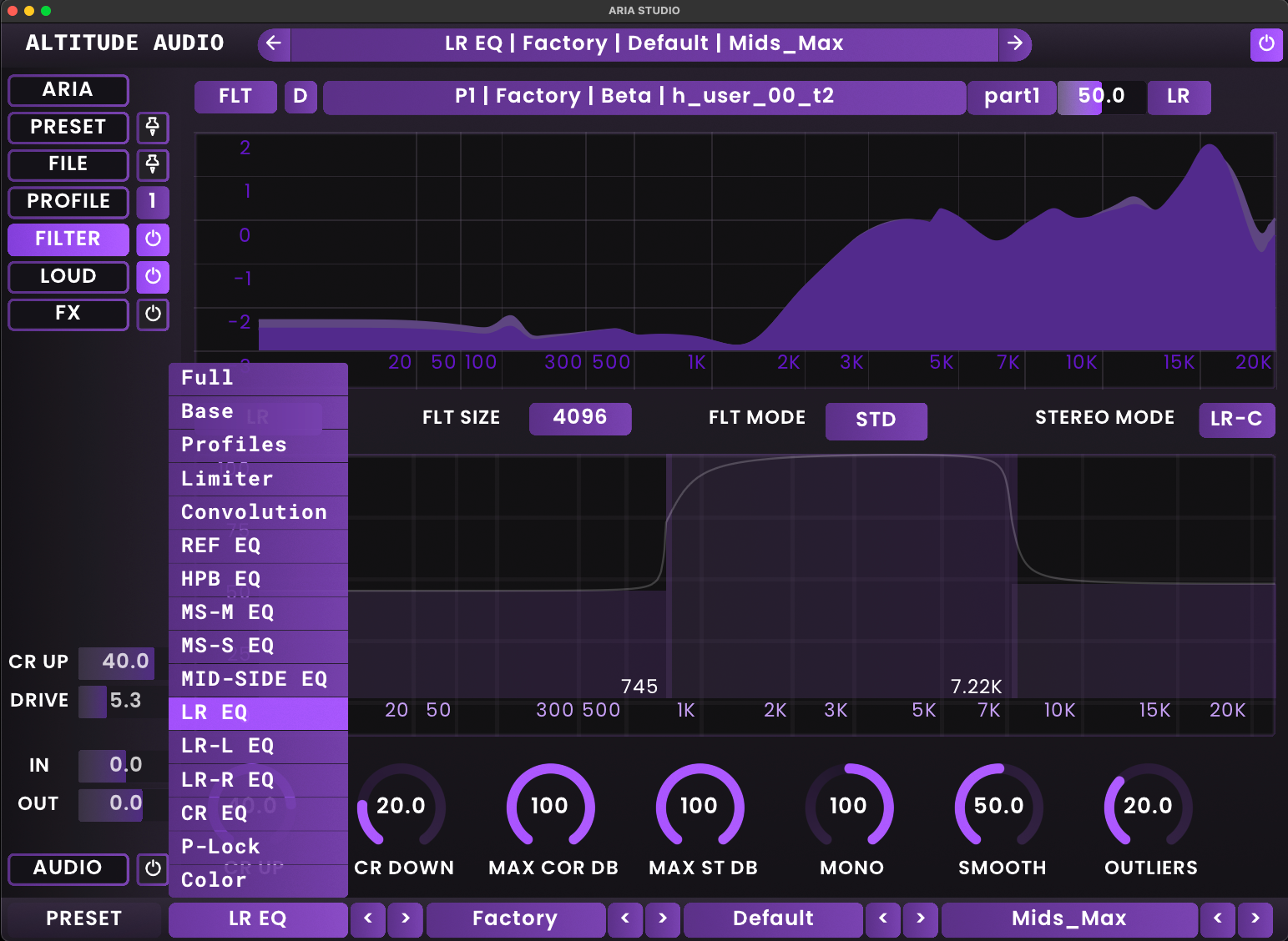 ARIA Studio interface showing the LR EQ sub-preset selection with the LR MBE active