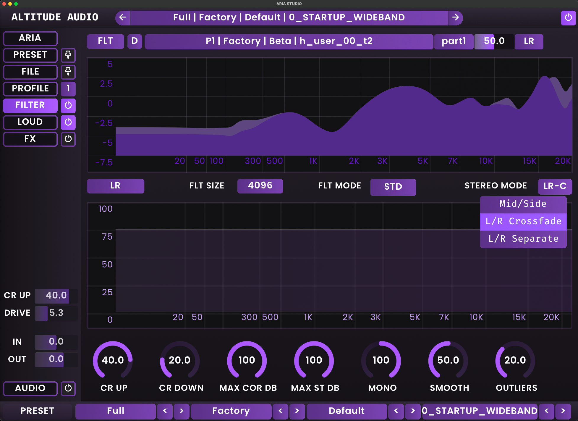 ARIA Studio interface showing the three listening mode buttons