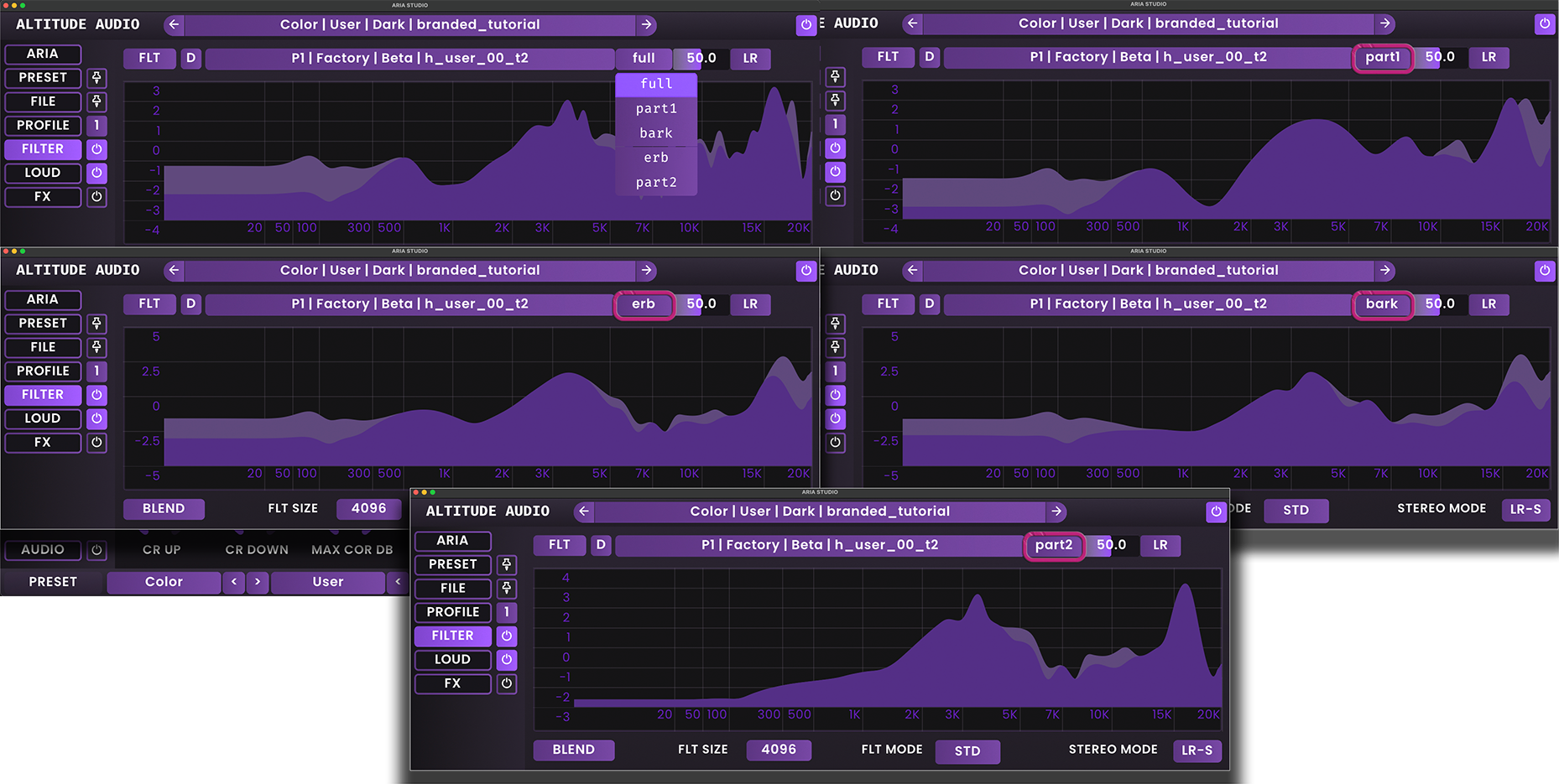 ARIA Studio showing different filter responses from multiple profiles