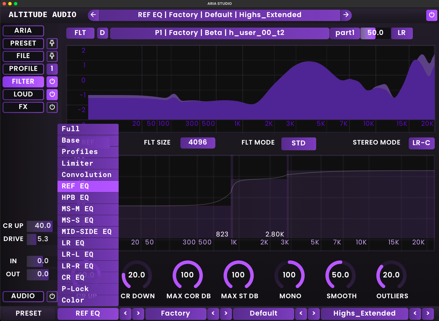 ARIA Studio interface showing the REF EQ sub-preset selection