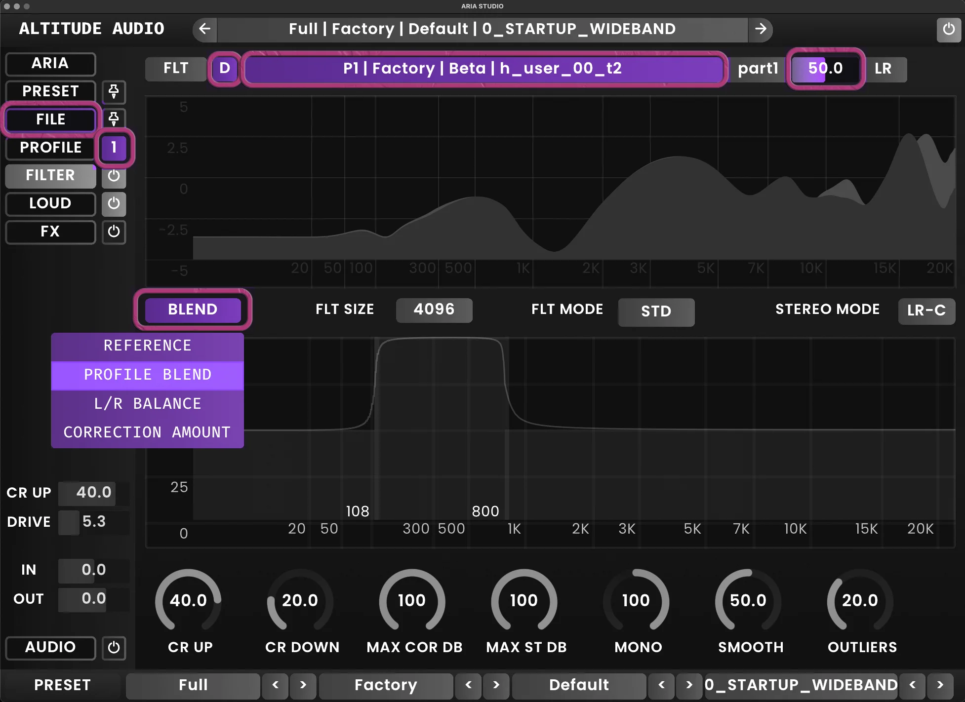 ARIA Studio interface showing profile blending controls
