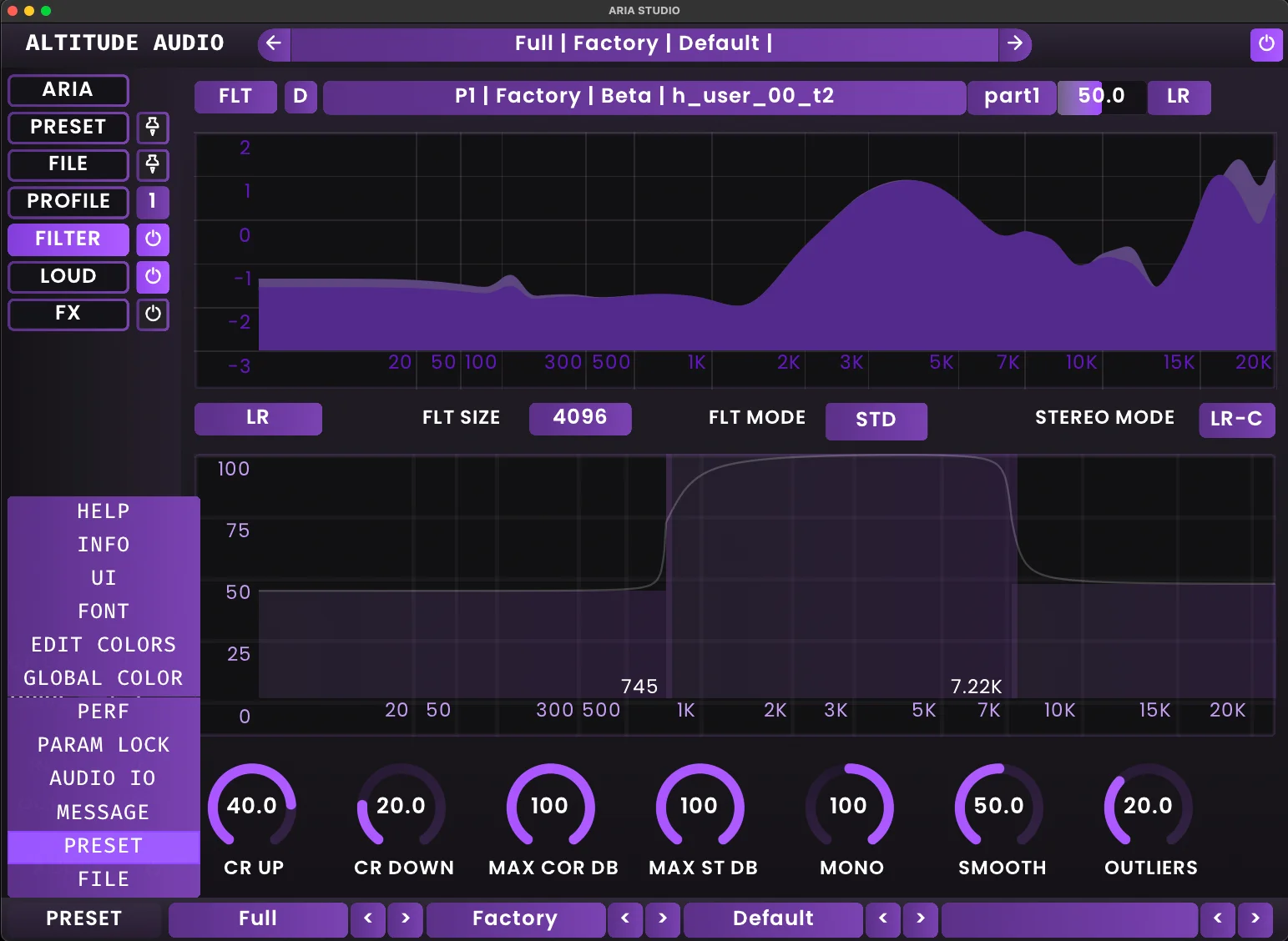 ARIA Studio interface showing the bottom bar preset navigation menu