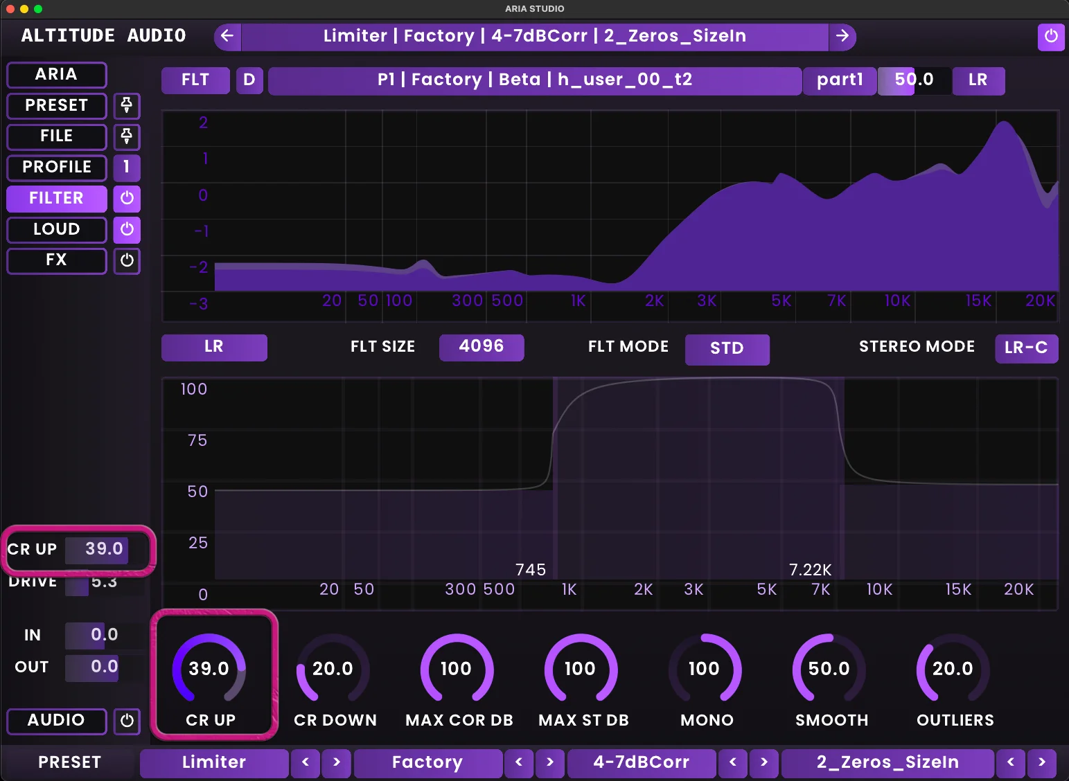 ARIA Studio interface showing the CR UP parameter adjustment