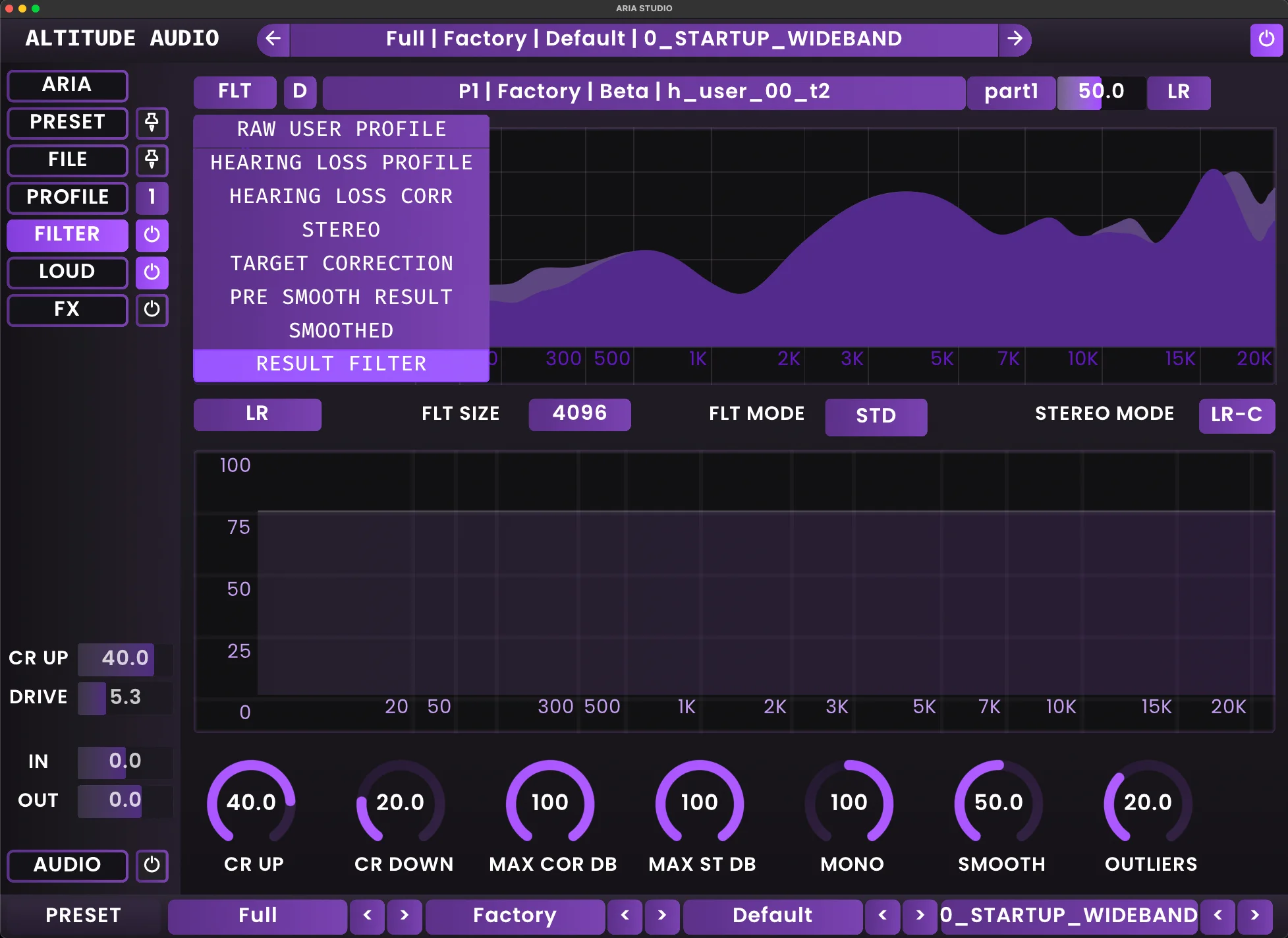 ARIA Studio filter visualization showing frequency response