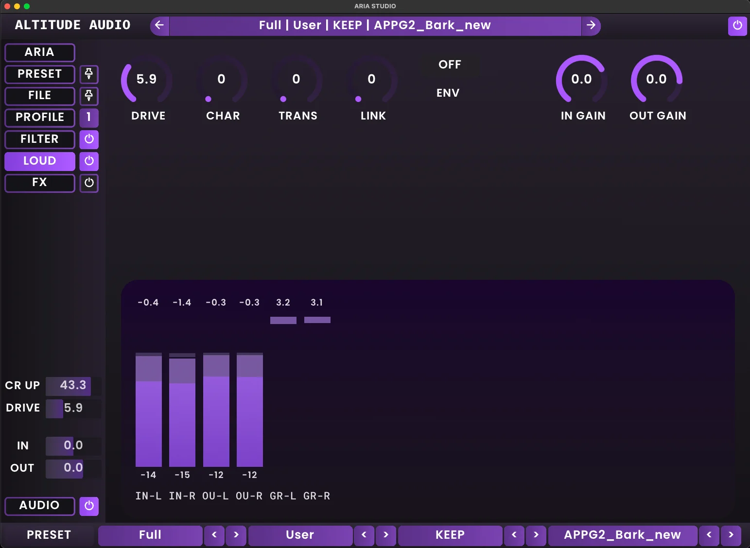 ARIA Studio interface showing the LOUD view with dynamics processing presets