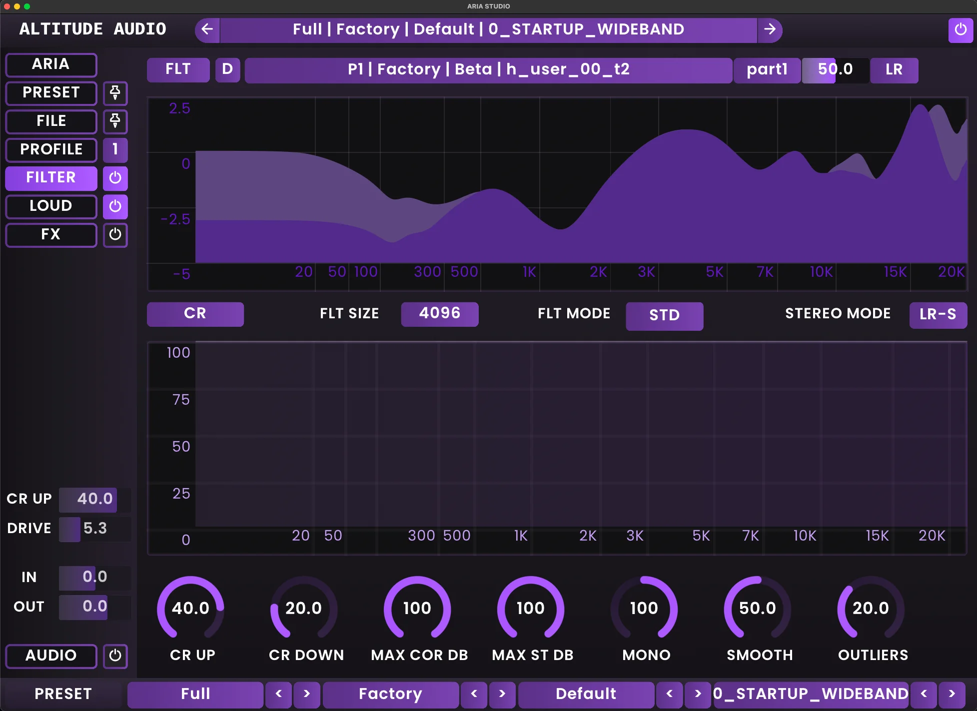 ARIA Studio interface showing low-frequency adjustment controls