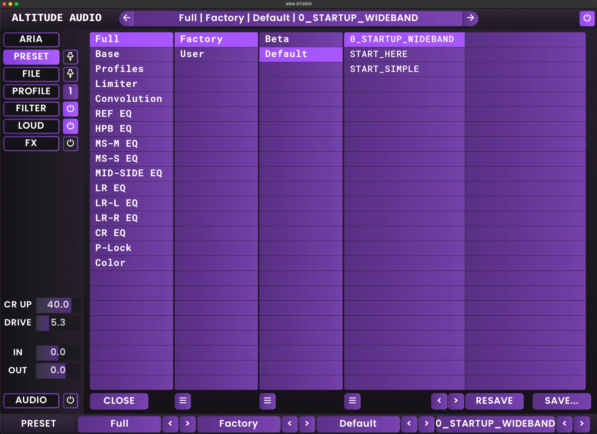 ARIA Studio interface showing the STARTUP_WIDEBAND preset