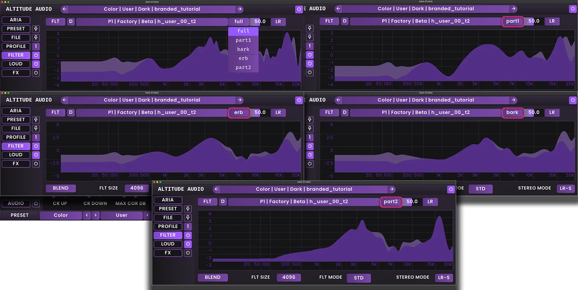 ARIA Studio showing different filter responses from multiple profiles